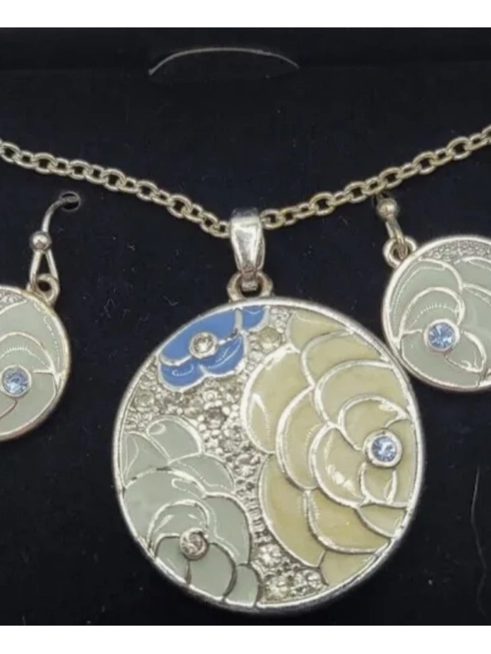 Avon 2012 Camille Enamel Floral & Blue Rhinestone Necklace & Pierced Earring Set